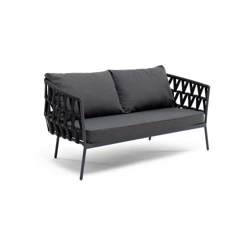"Диего" диван 2-местный плетеный из роупа, каркас алюминий темно-серый (RAL7024) муар, роуп темно-серый круглый, ткань темно-серая 027