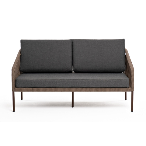 Диван Канны 2-местный плетеный из роупа, каркас алюминий коричневый (RAL8016) муар, роуп коричневый круглый, ткань темно-серая 027