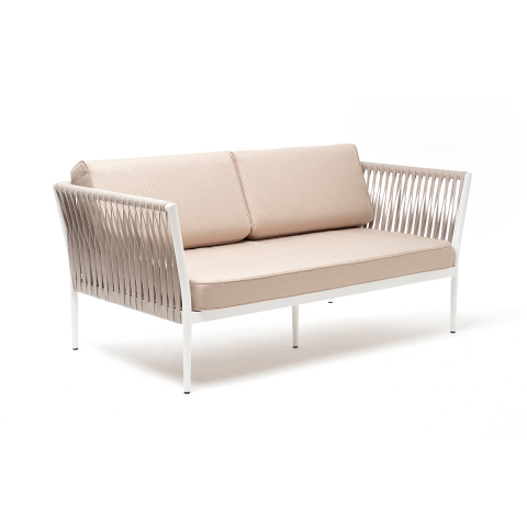 Диван Касабланка 2-местный плетеный из роупа, каркас алюминий светло-серый (RAL7035) муар, роуп серо-коричневый 23мм, ткань бежевая 052