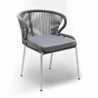 Стул Милан плетеный из роупа, каркас алюминий белый муар, роуп светло-серый круглый, ткань светло-серая